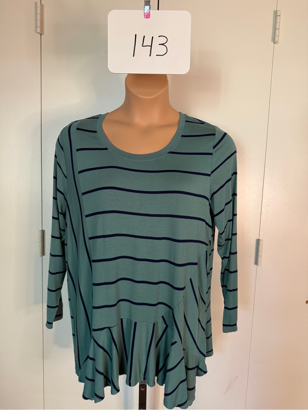 Striped Ruffle-Hem Long Sleeve Top - moss green/navy